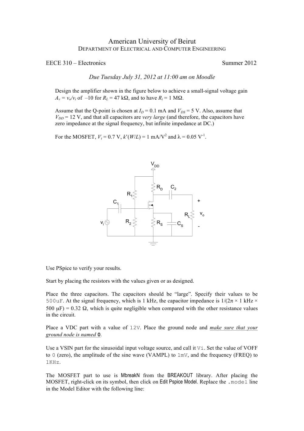 EECE 310 Questions Spice 3 Problem, Summer 2012, page 1