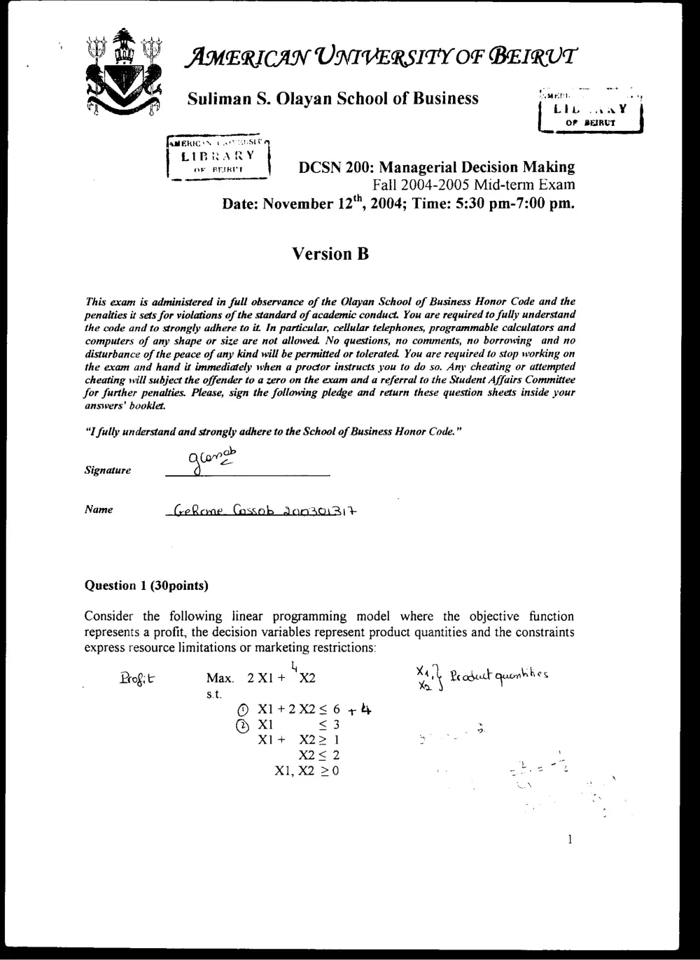 DCSN 200 Midterm, Fall 2004, page 1