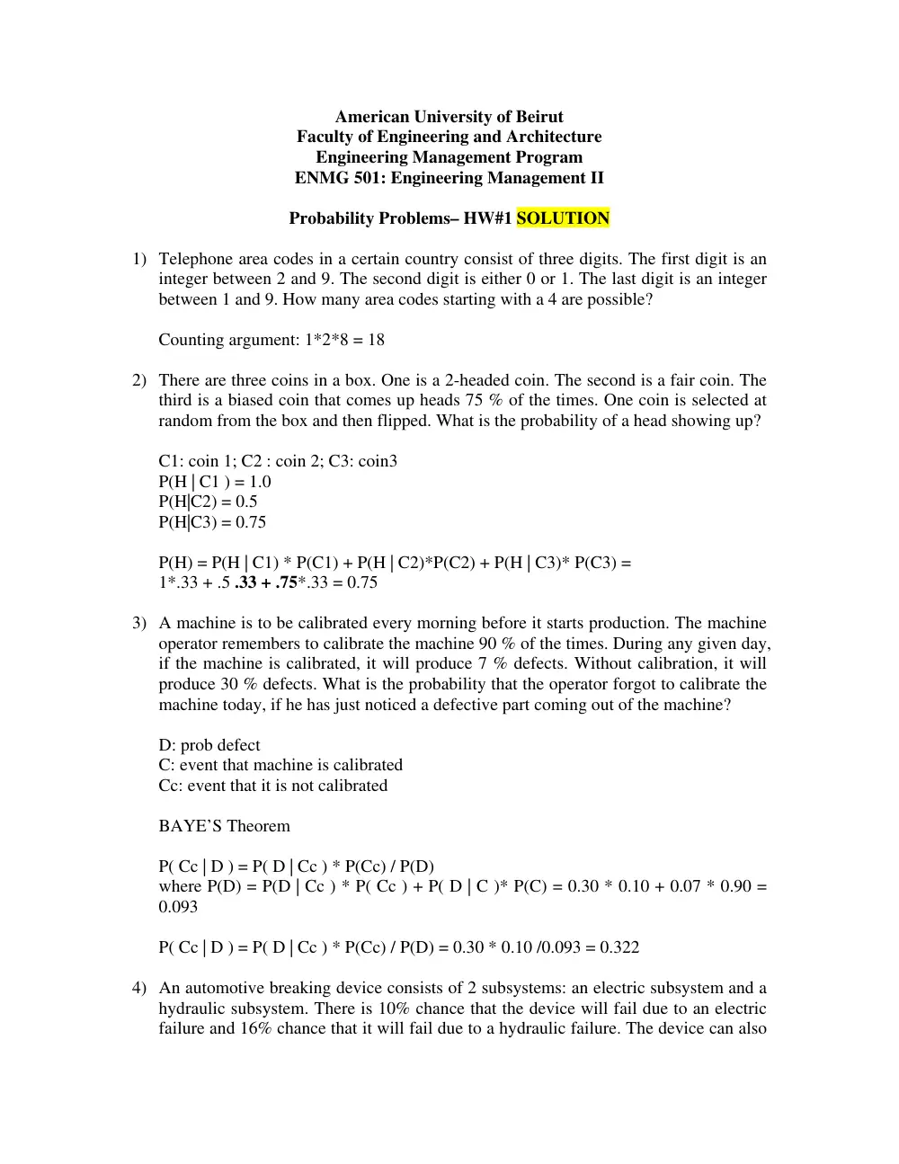 ENMG 501 Homework Solution, Spring 2015, page 1