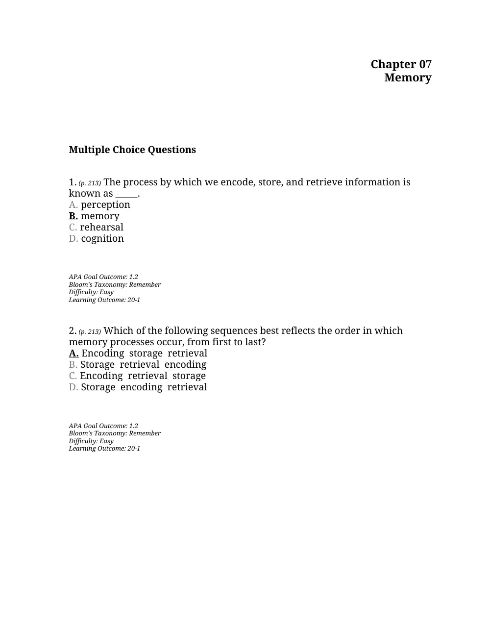 PSYC 201 Questions Chapter 7, Fall 2015, page 1