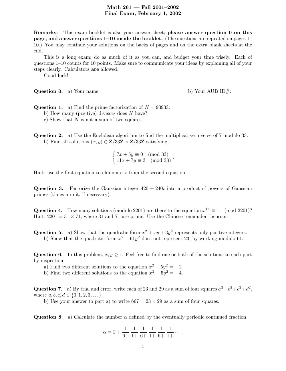 MATH 261 Final, Fall 2001, page 1