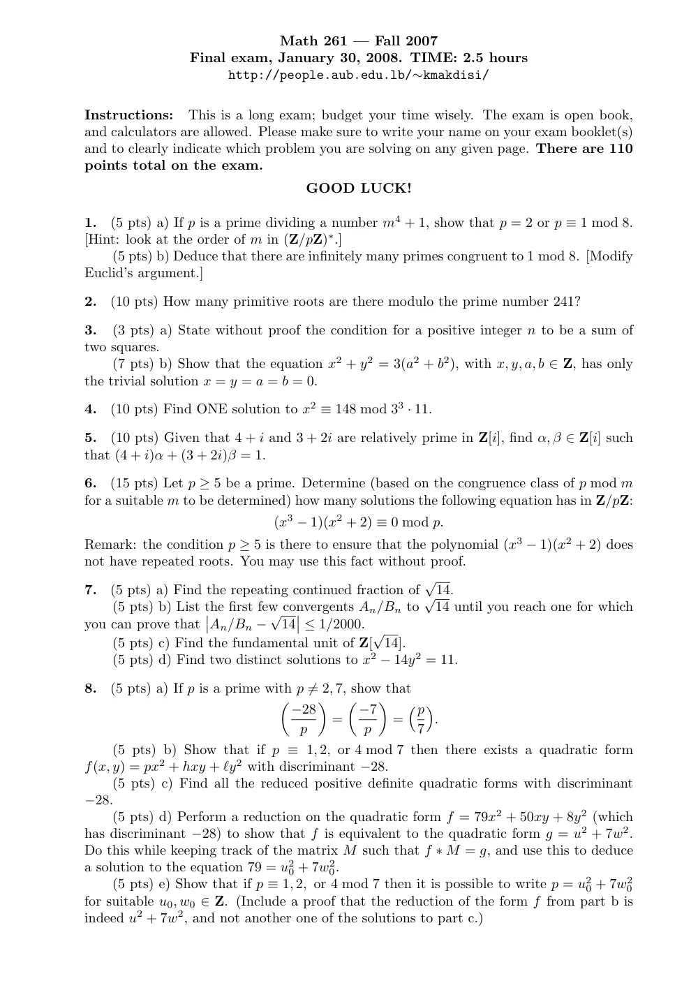 MATH 261 Final, Fall 2007, page 1