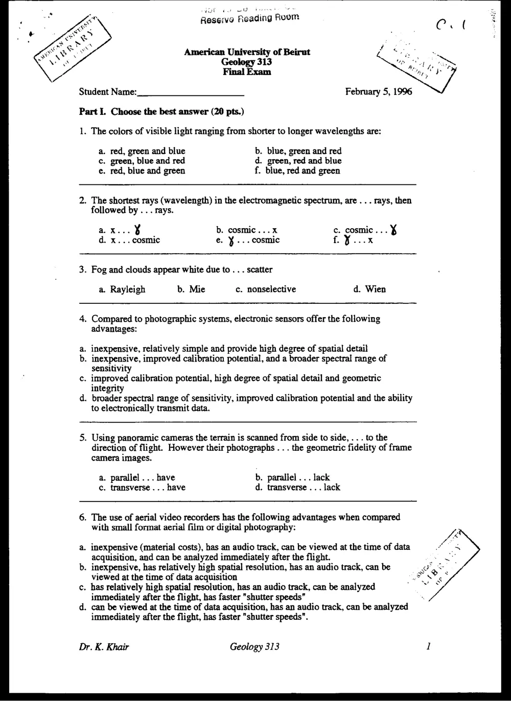 GEOL 313 Final, Fall 1995, page 1