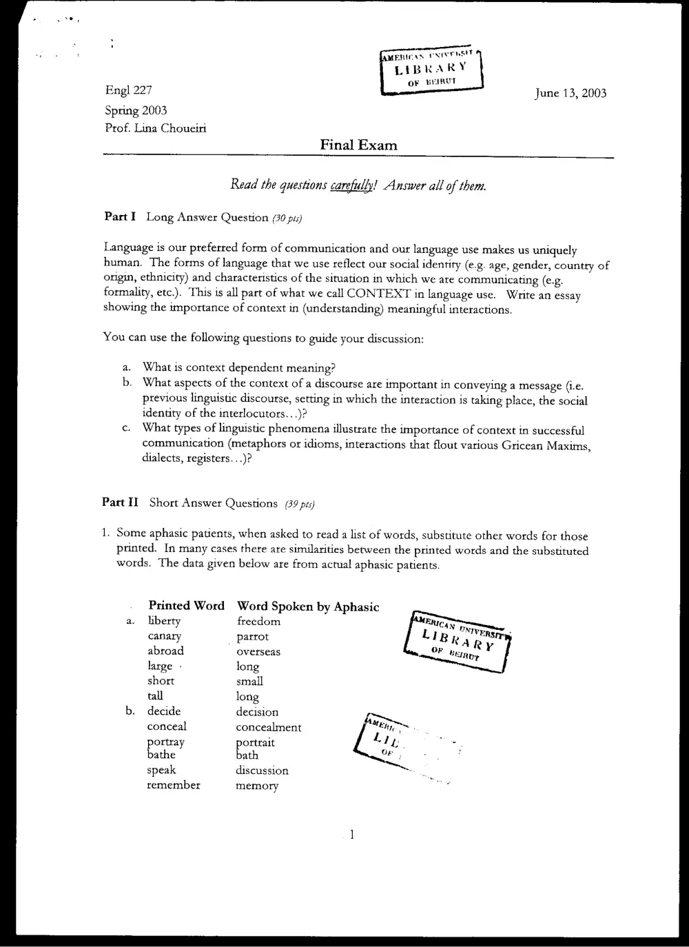 ENG 227 Final, Spring 2003, page 1
