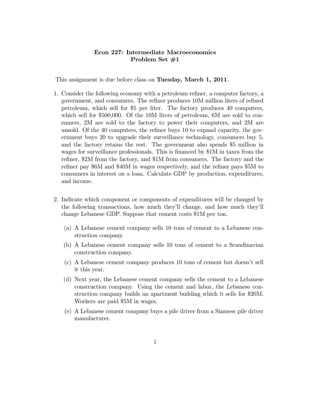 ECON 227 Problems 1, Spring 2011, page 1