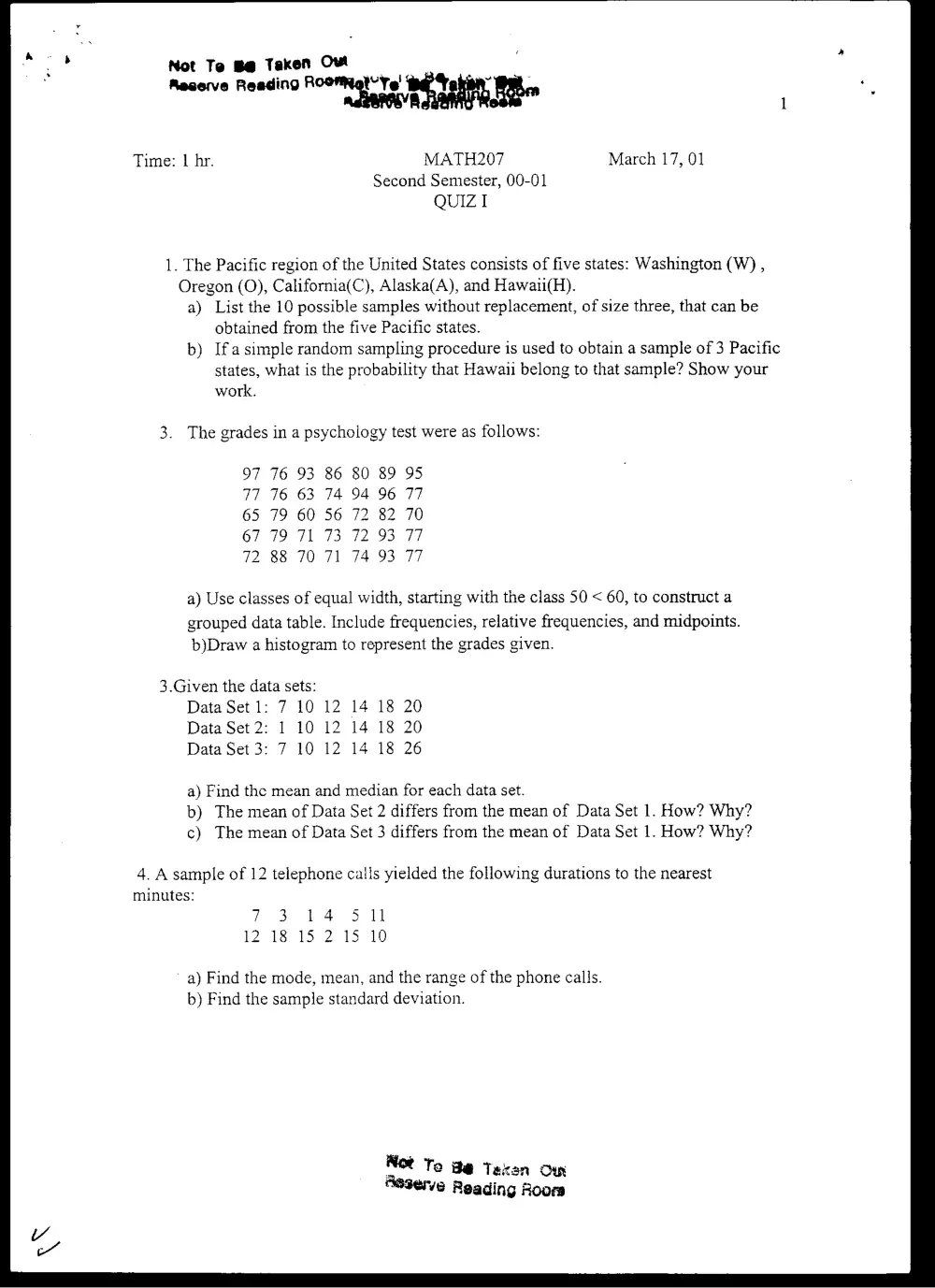 STAT 201 Exam 2, Spring 2001, page 1