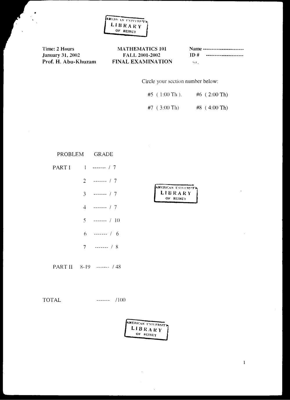 MATH 101 Final, Fall 2001, page 1