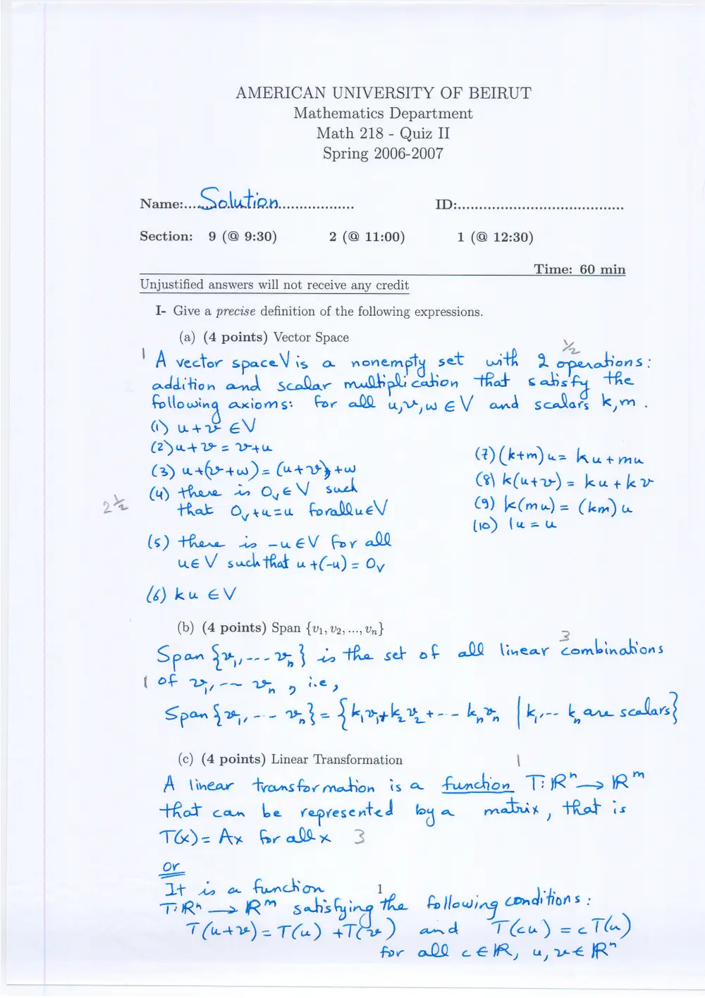 MATH 218 Exam 2 with Solution, Spring 2007, page 1