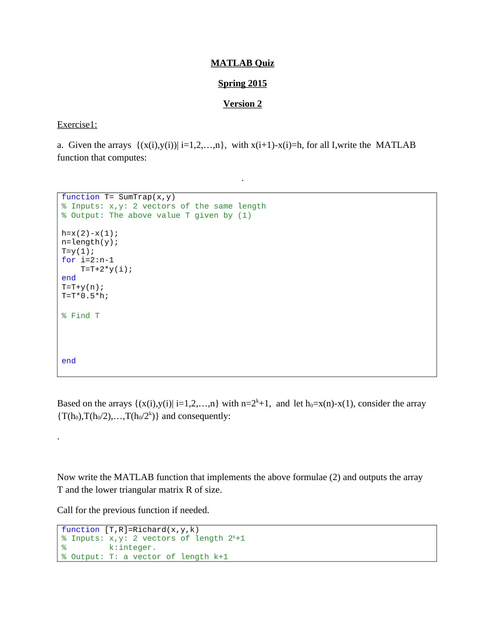MATH 251 Exam Matlab, Spring 2015, page 1