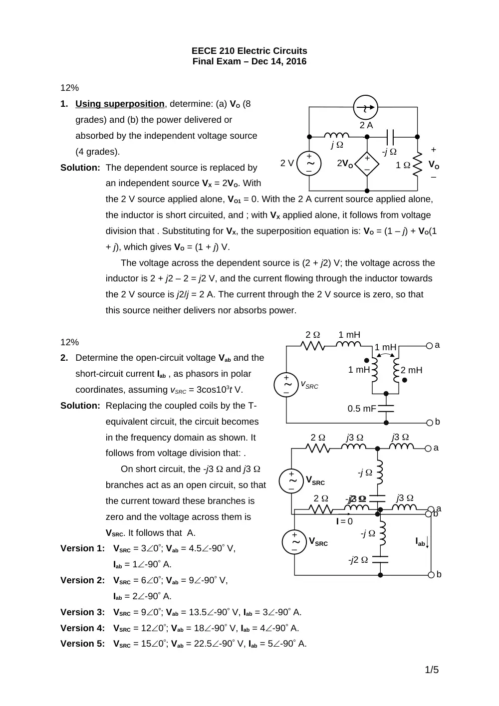 EECE 210 Final Exam-solution, Fall 2016, page 1