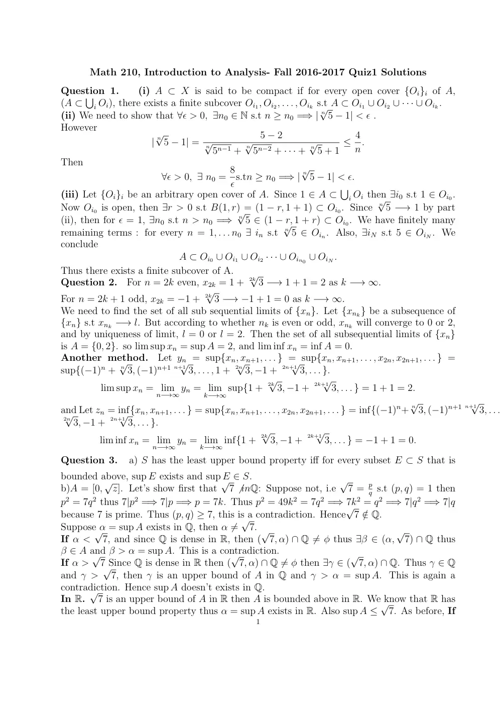 MATH 210 Exam 1 Solution, Fall 2016, page 1