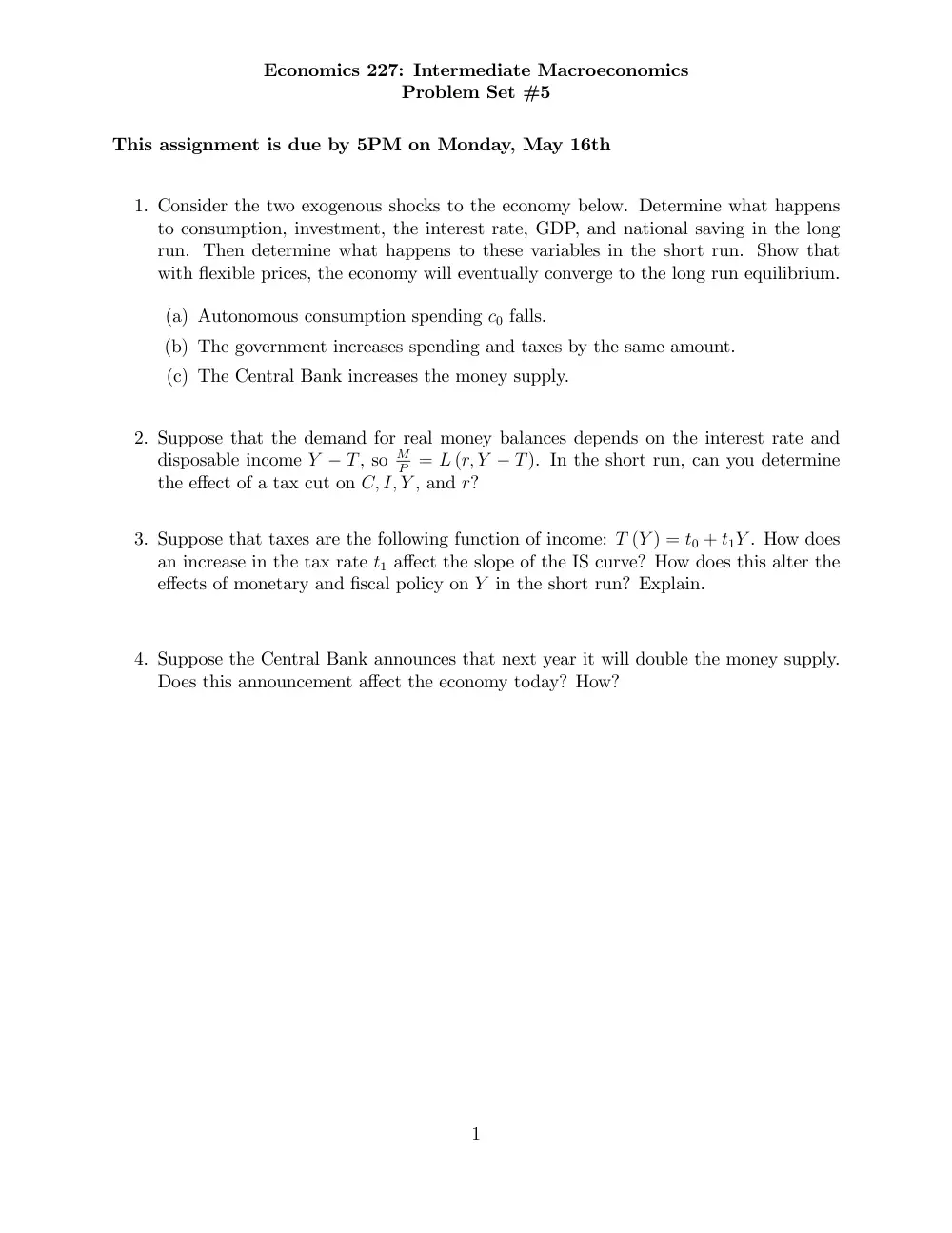 ECON 227 Problems 5, Spring 2011, page 1