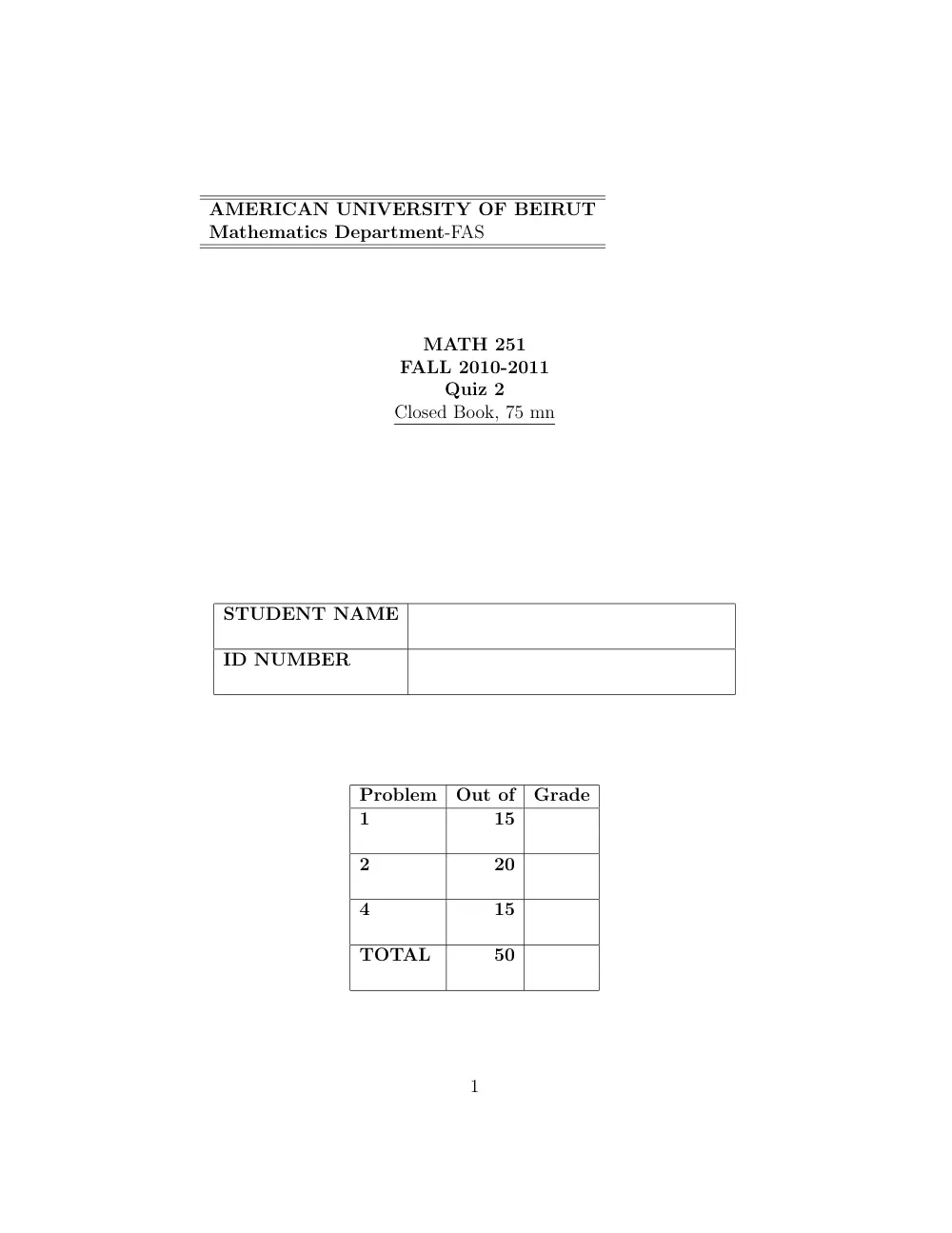 MATH 251 Exam 2, Fall 2010, page 1