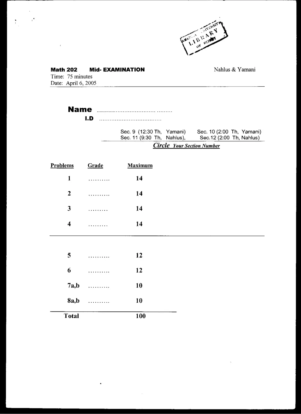 MATH 202 Midterm, Spring 2005, page 1