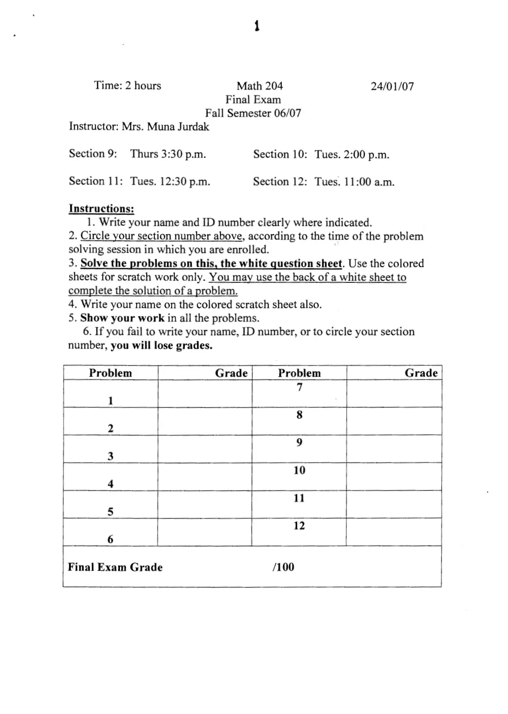 MATH 204 Final, Fall 2006, page 1