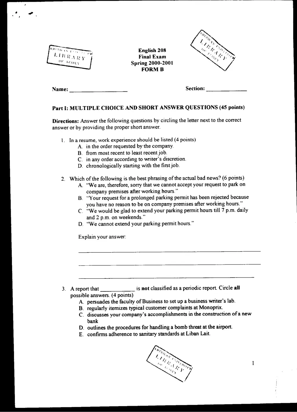 ENG 208 Final, Spring 2001, page 1