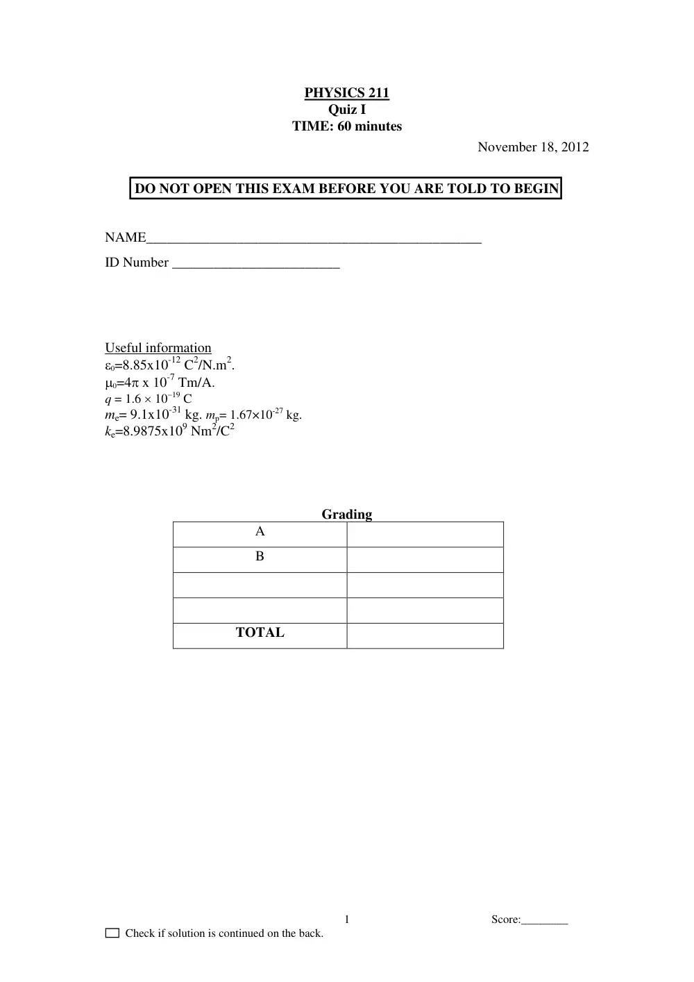 PHYS 211 Exam 1, Fall 2012, page 1