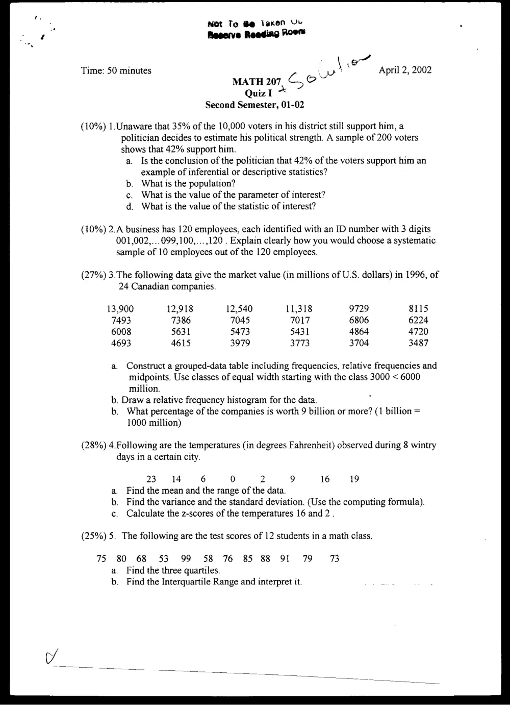 STAT 201 Exam 2, Spring 2002, page 1