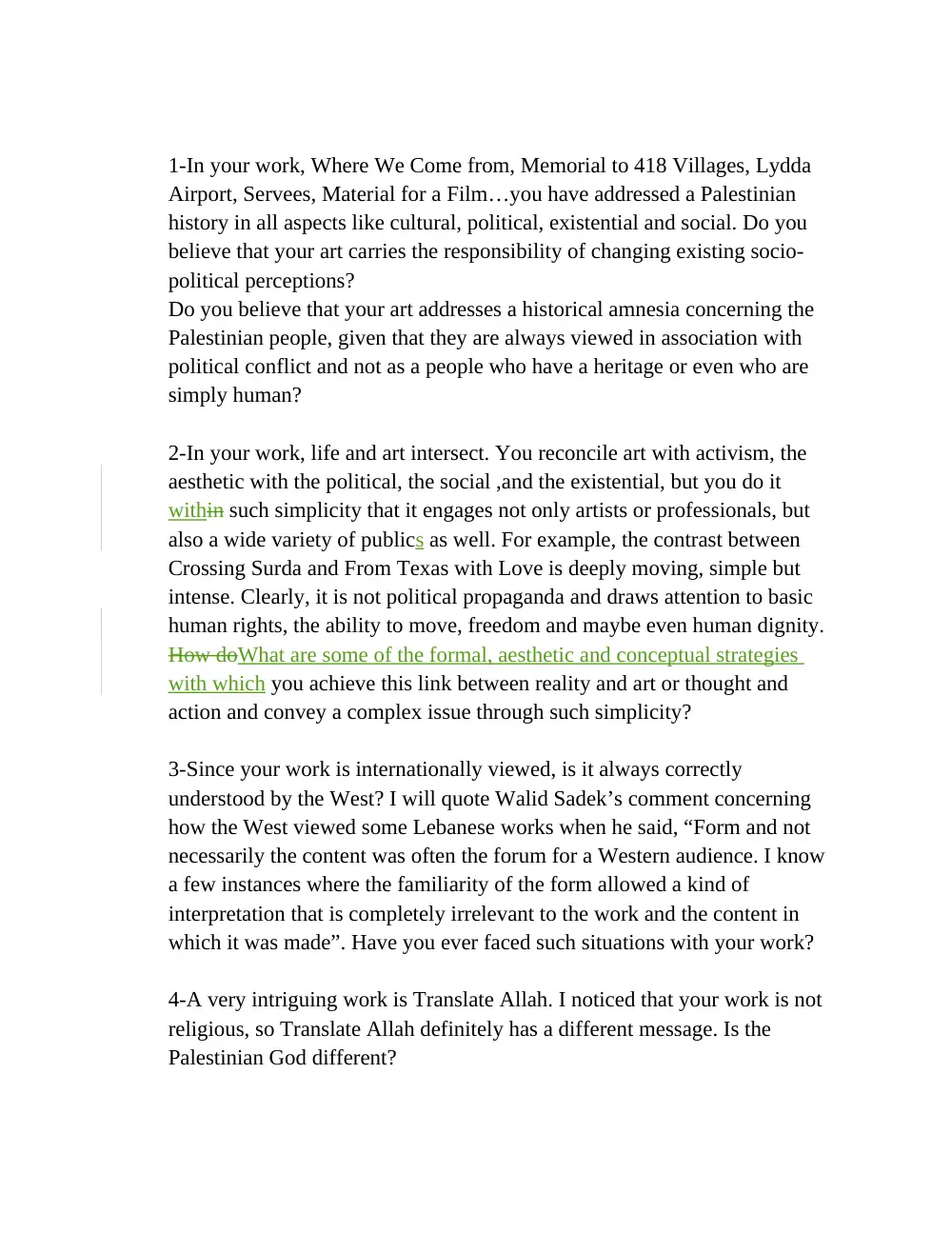FAAH 229E Project Interview Questions, Spring 2012, page 1