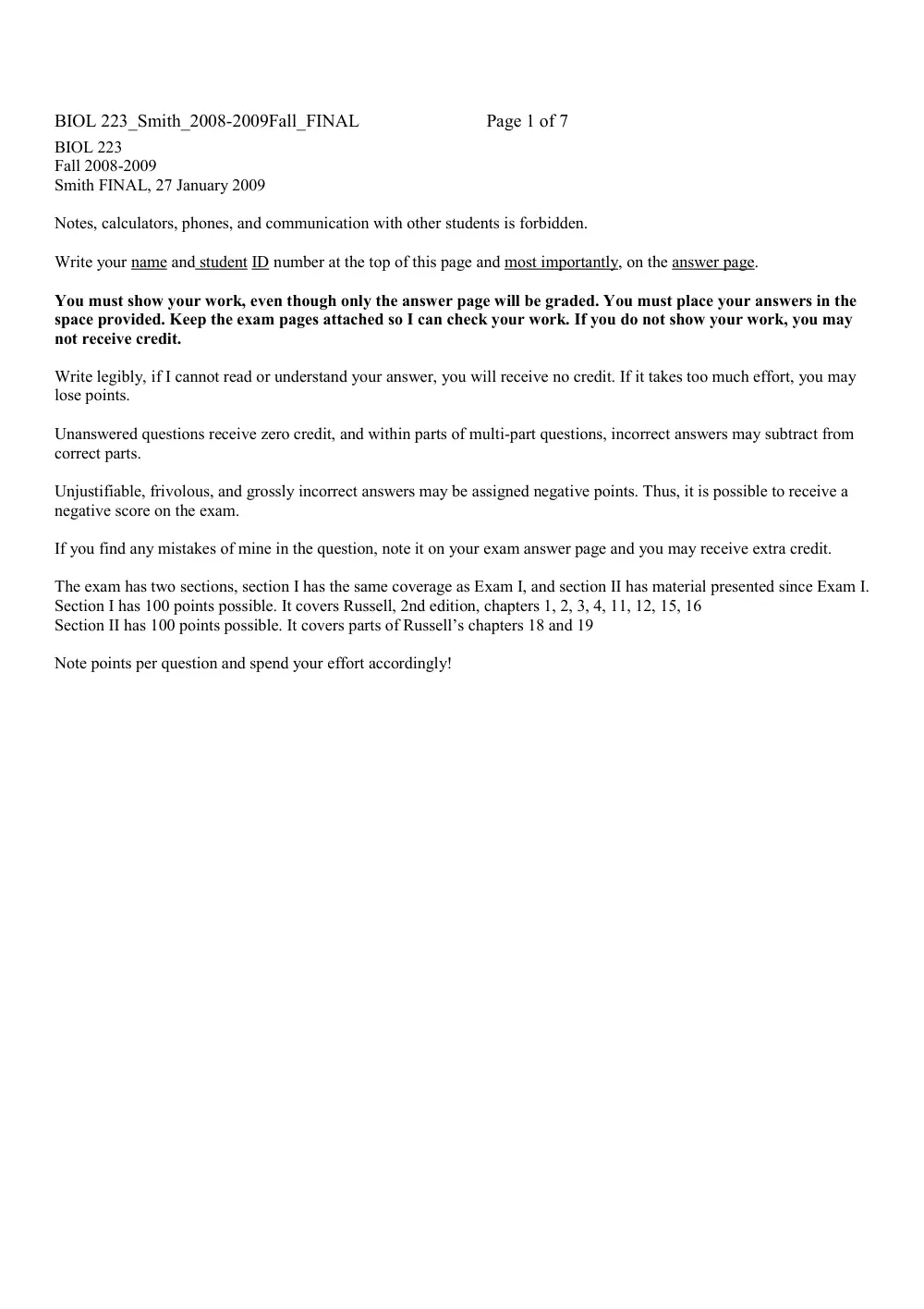 BIO 223 Final, Fall 2008, page 1