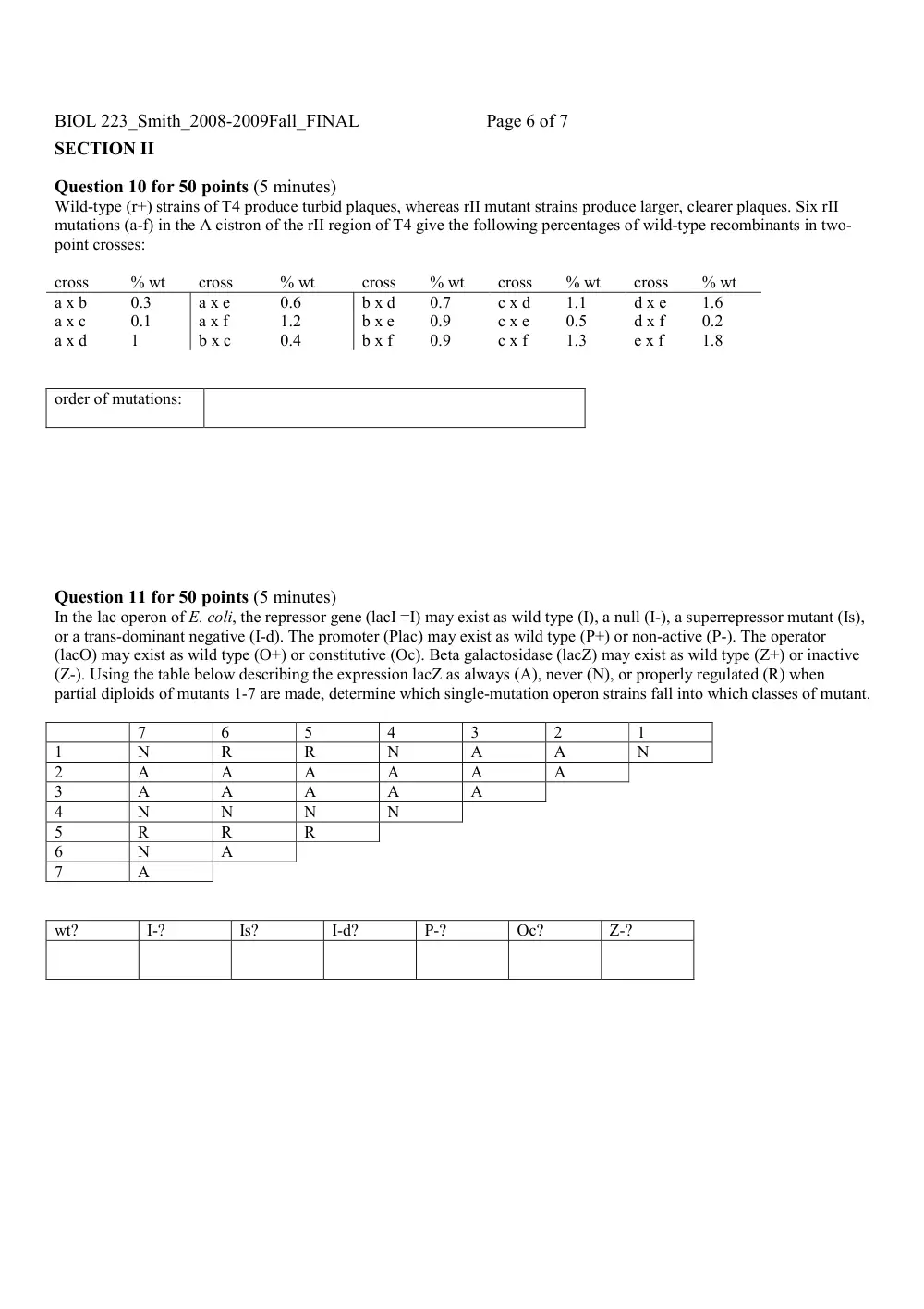 BIO 223 Final, Fall 2008, page 6