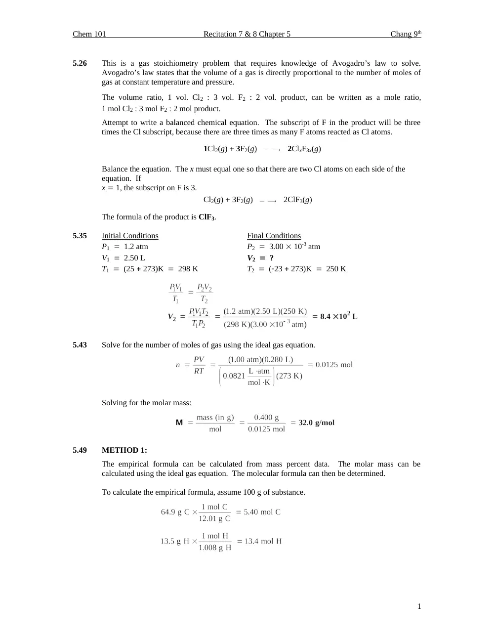 CHEM 101 Homework Chapter 5 Assignment Solution, Fall 2013, page 1