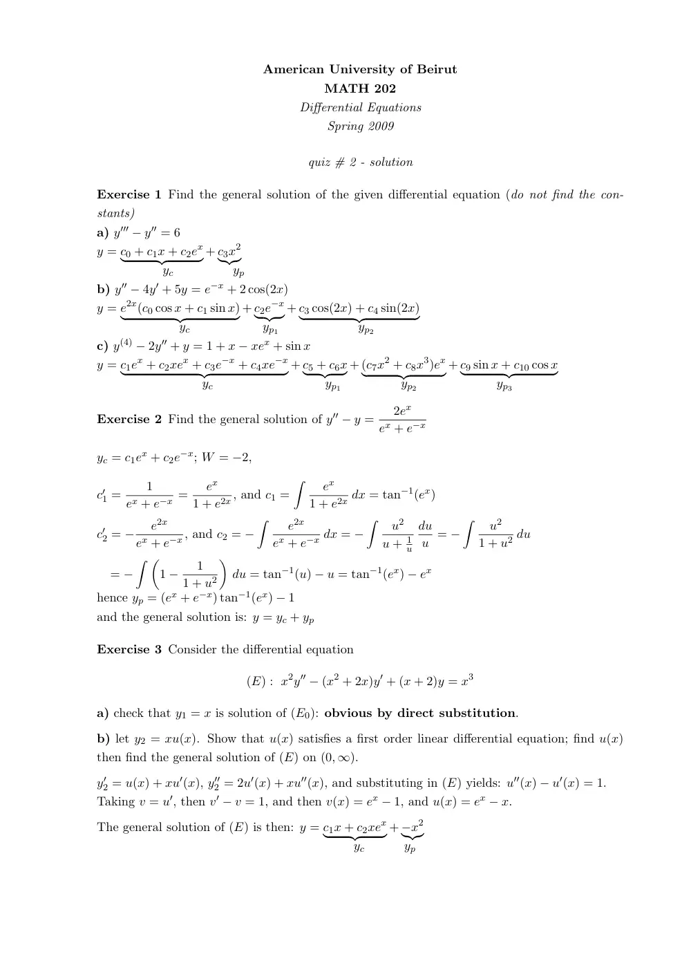 MATH 202 Exam 2 Solution, Spring 2009, page 1