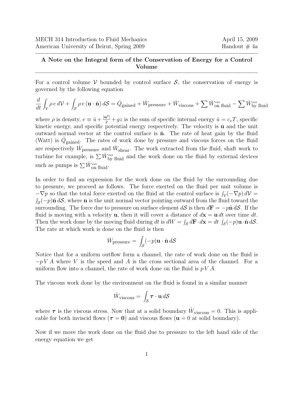 MECH 314 Notes 2, Spring 2014, page 1