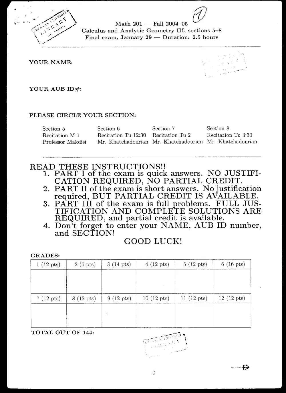 MATH 201 Final Fall 04, Fall 2004, page 1