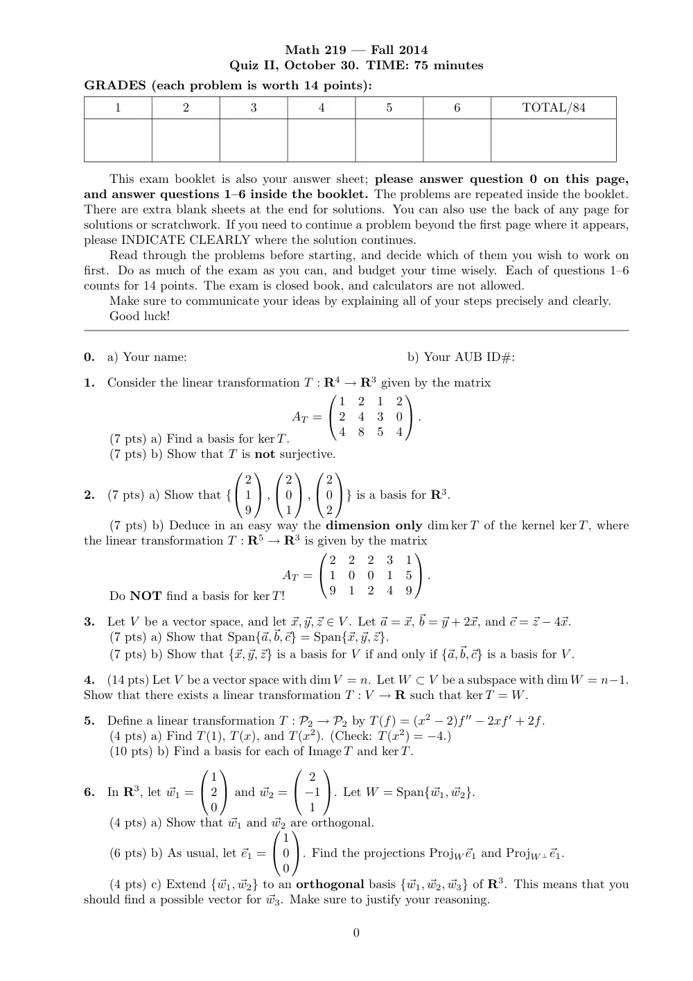 MATH 219 Exam 2, Fall 2014, page 1