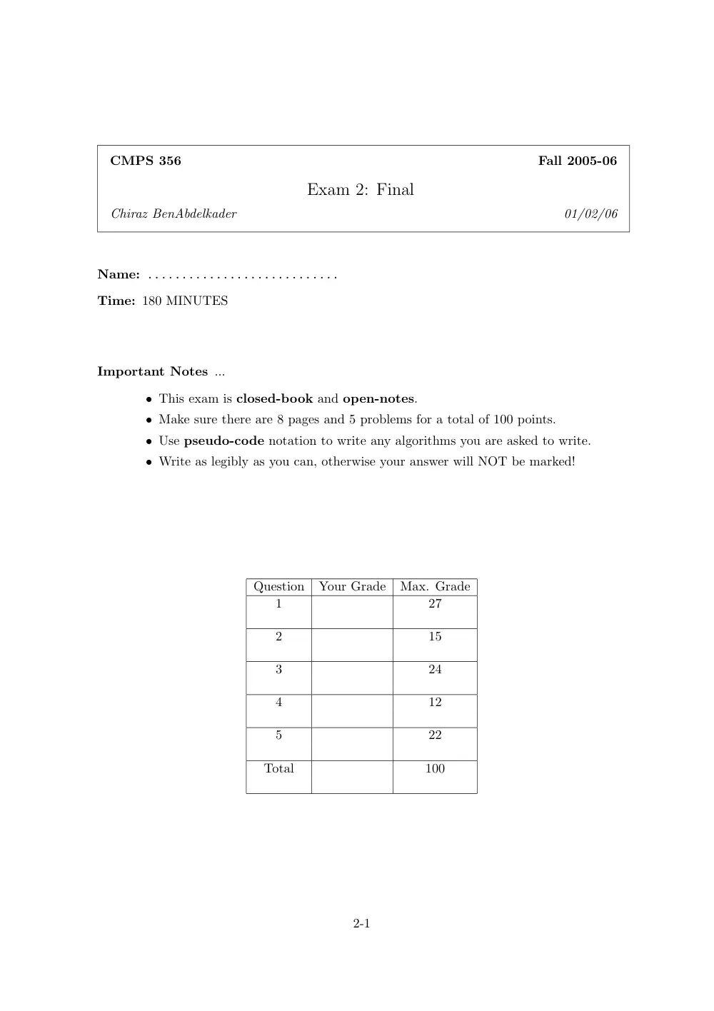 CMPS 356 Final, Fall 2005, page 1