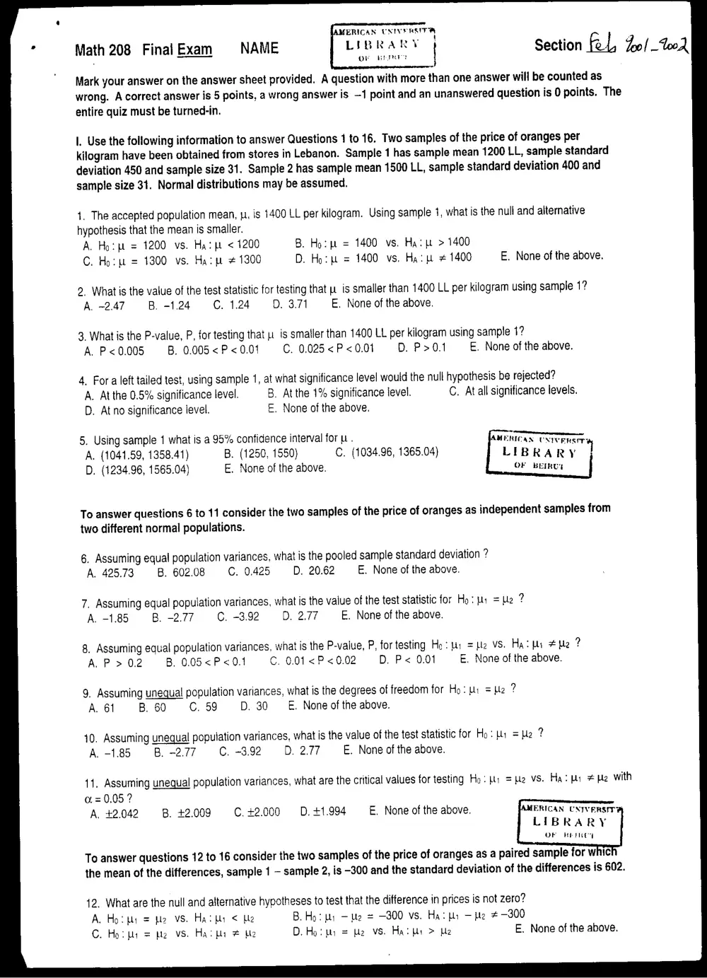 MATH 210 Final, Fall 2001, page 1