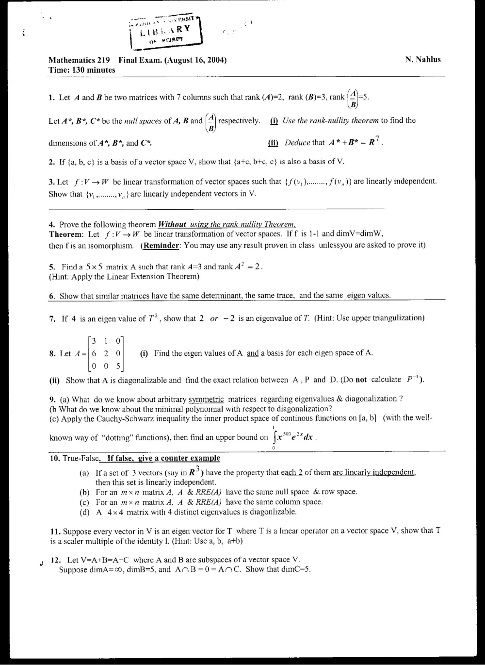 MATH 219 Final, Summer 2004, page 1