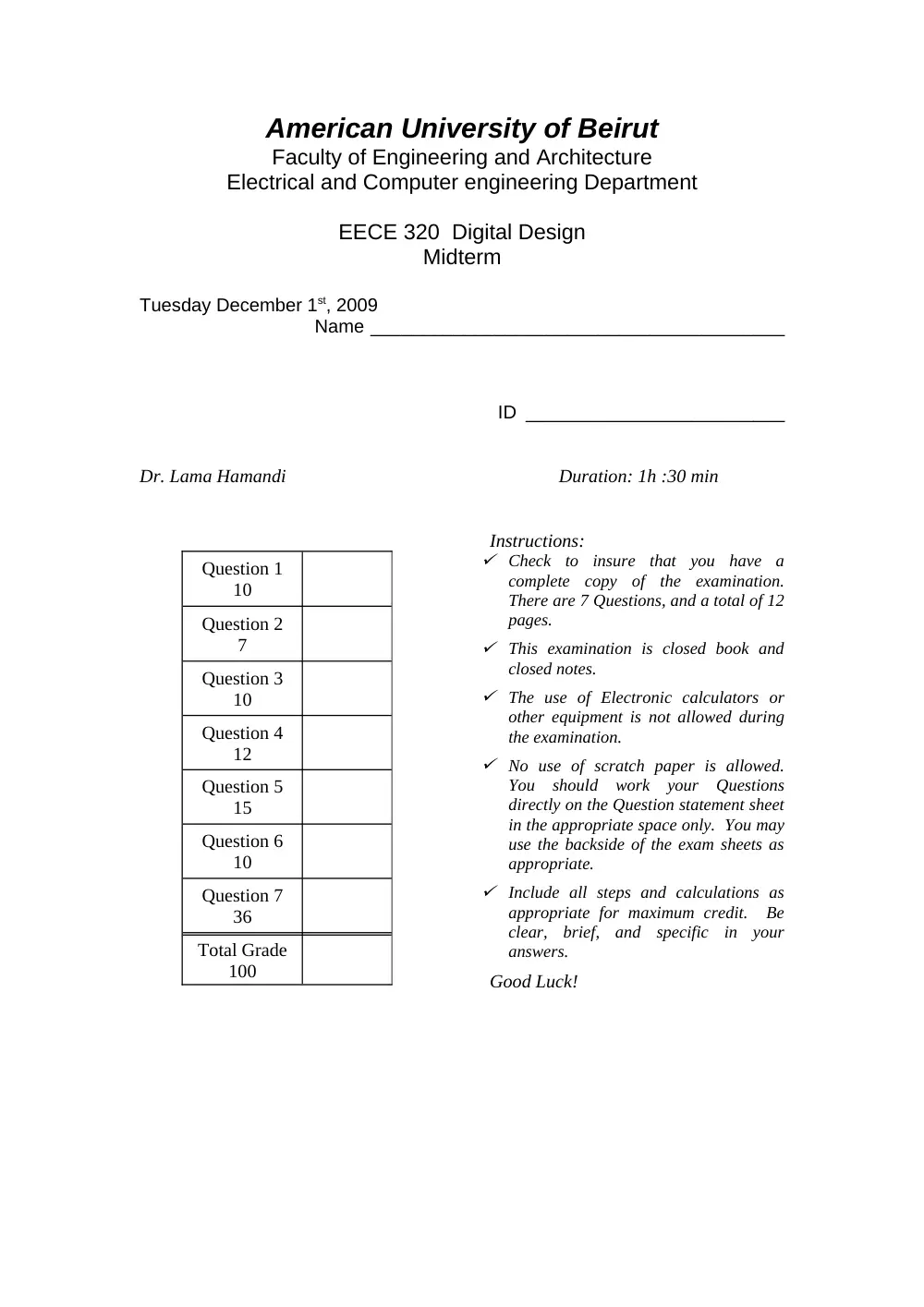 EECE 320 Midterm, Fall 2009, page 1