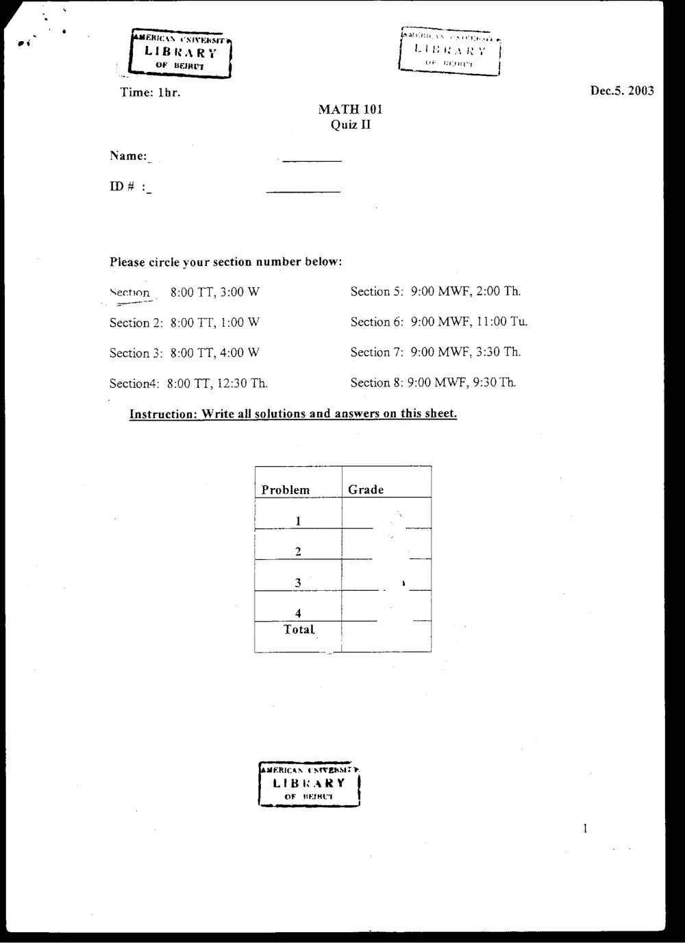 MATH 101 Exam 2, Fall 2003, page 1