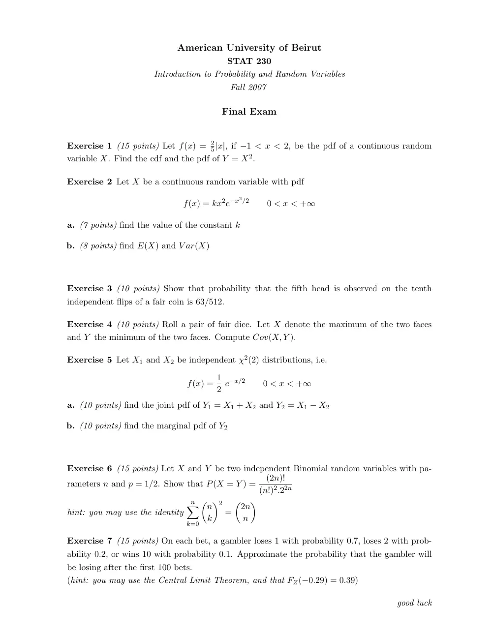 STAT 230 Final, Fall 2007, page 1
