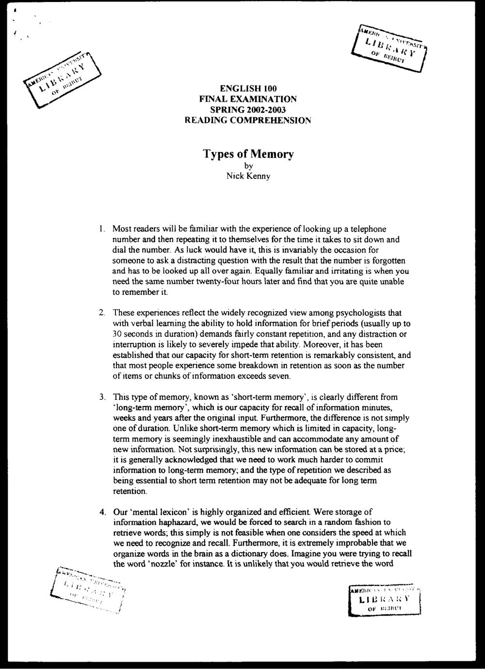 ENG 100 Final, Spring 2003, page 1