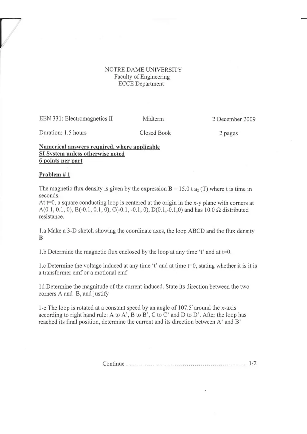 EEN 331 Midterm, Fall 2009, page 1