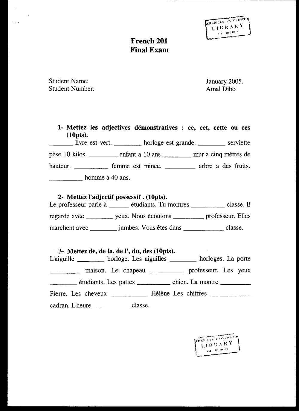 FREN 201 Final, Fall 2004, page 1