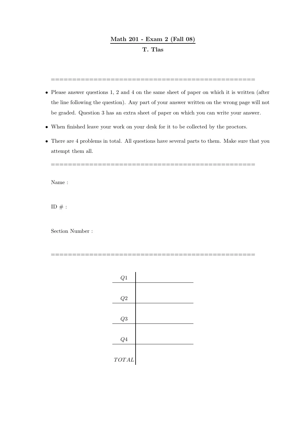 MATH 201 Exam 2, Fall 2008, page 1