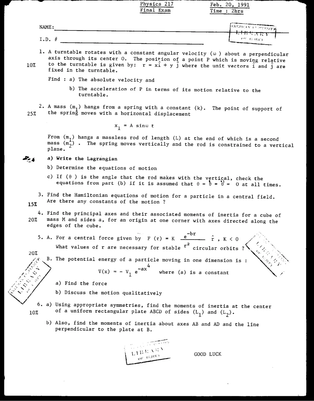 PHYS 217 Final, Fall 1999, page 1