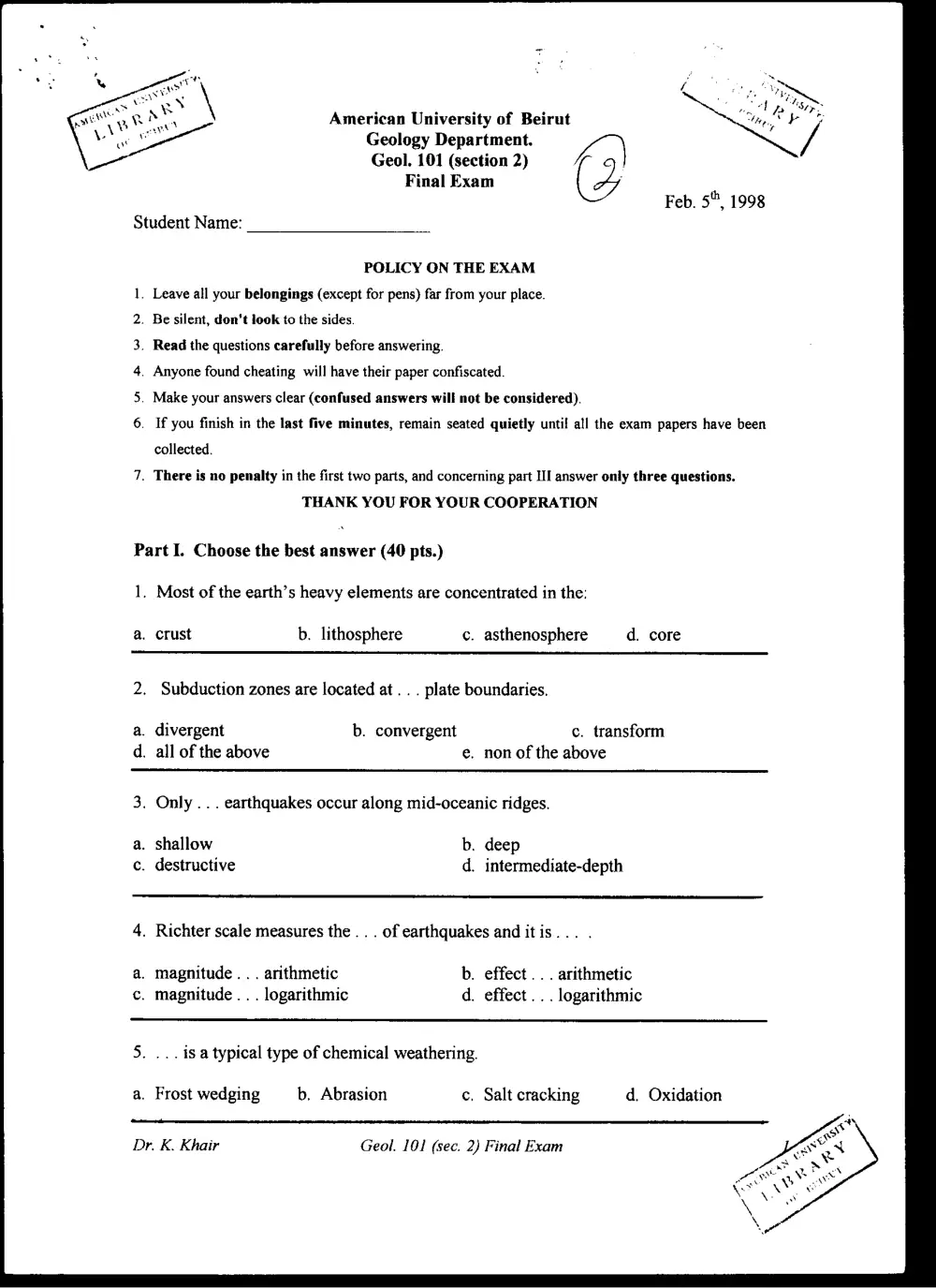 GEOL 101 Final, Fall 1997, page 1