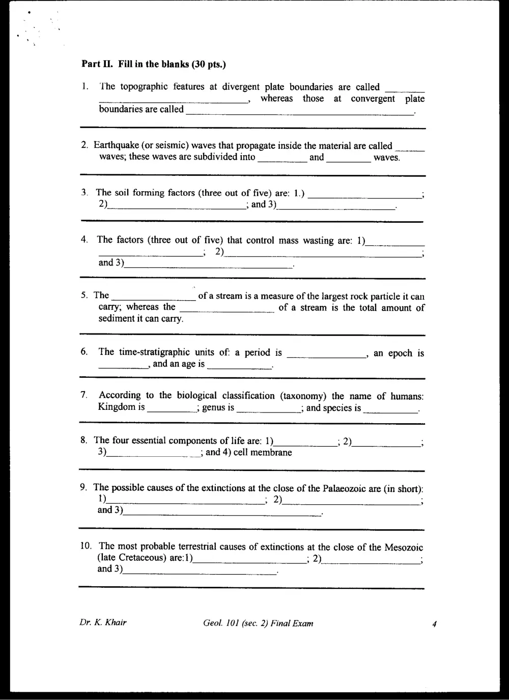 GEOL 101 Final, Fall 1997, page 4
