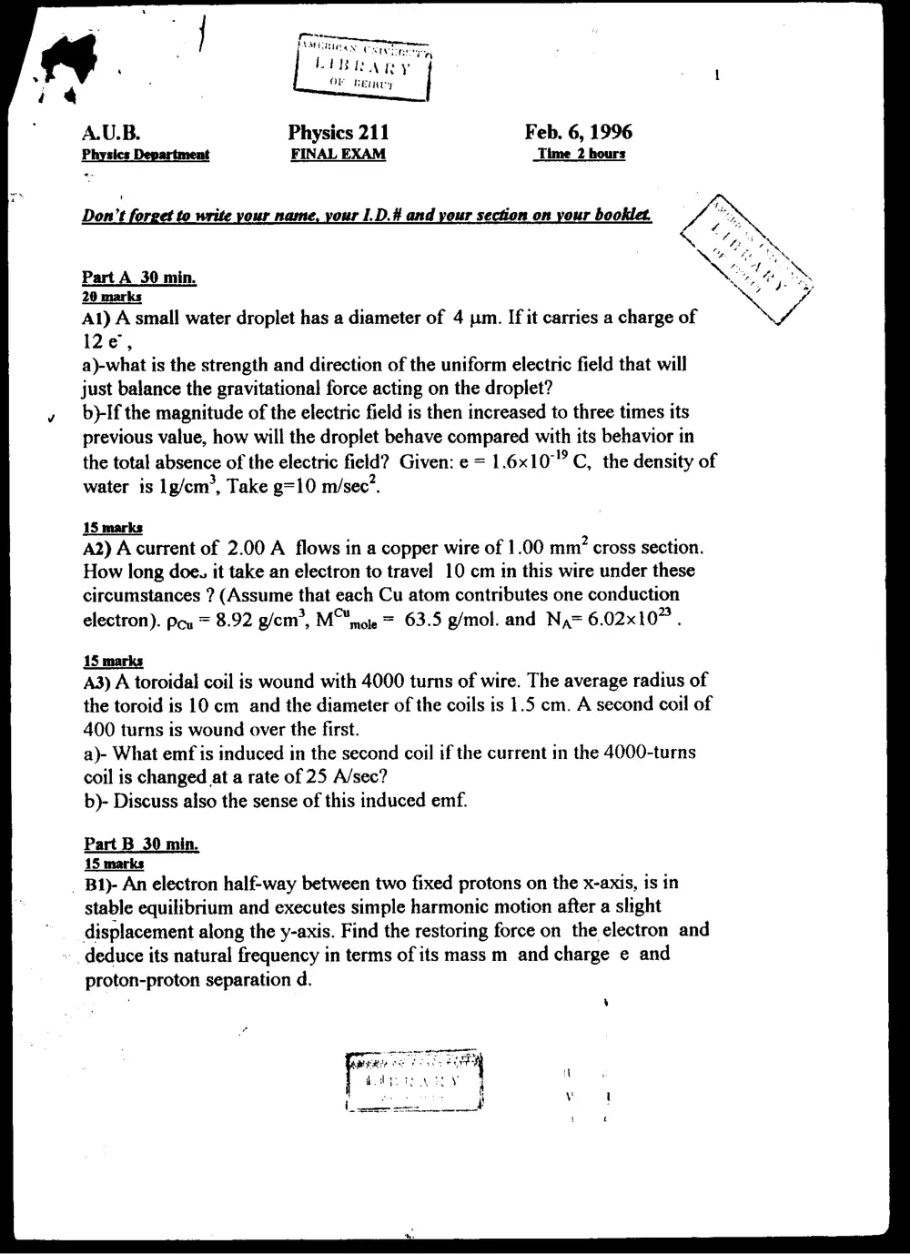 PHYS 211 Final, Fall 1995, page 1
