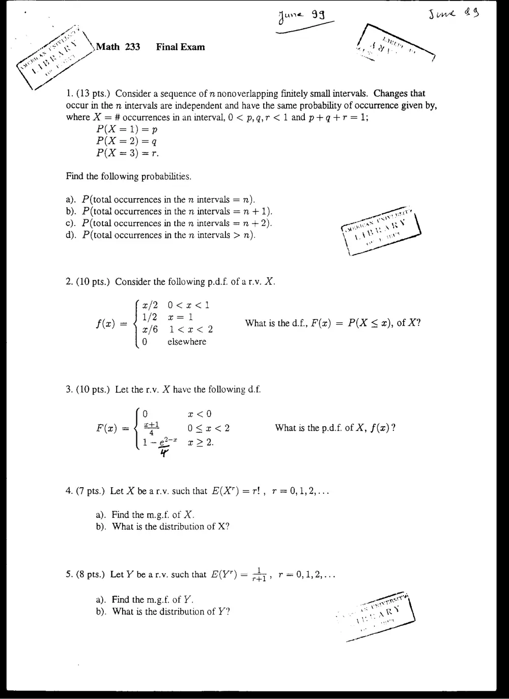 STAT 230 Final, Spring 1999, page 1