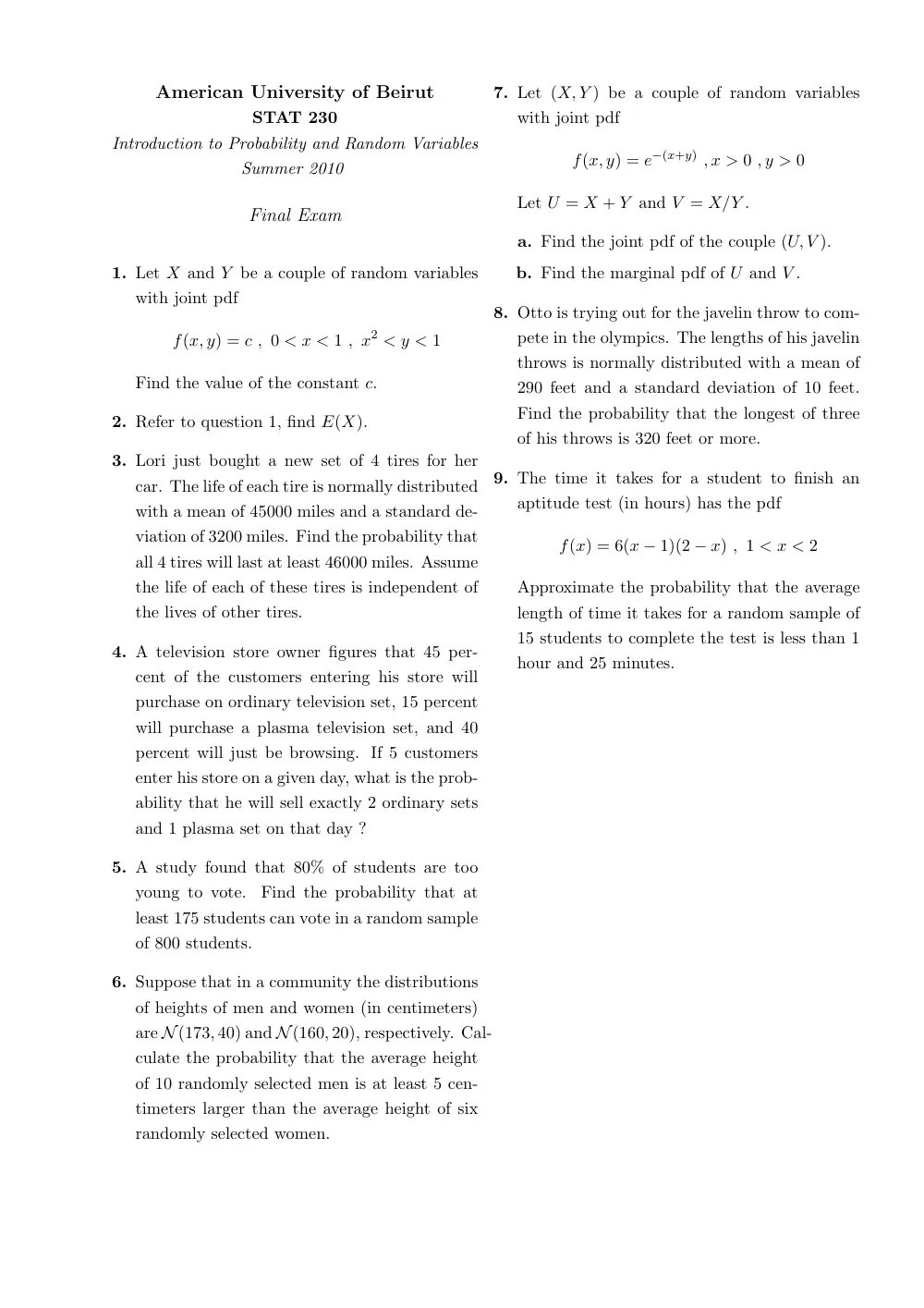 STAT 230 Final, Summer 2010, page 1