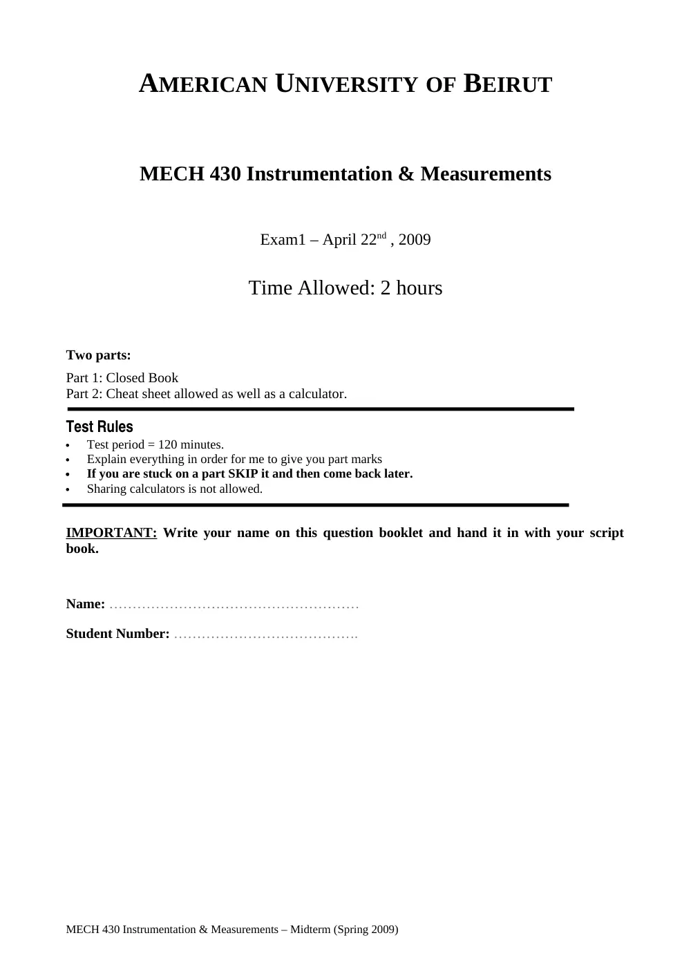 MECH 430 Midterm, Summer 2010, page 1