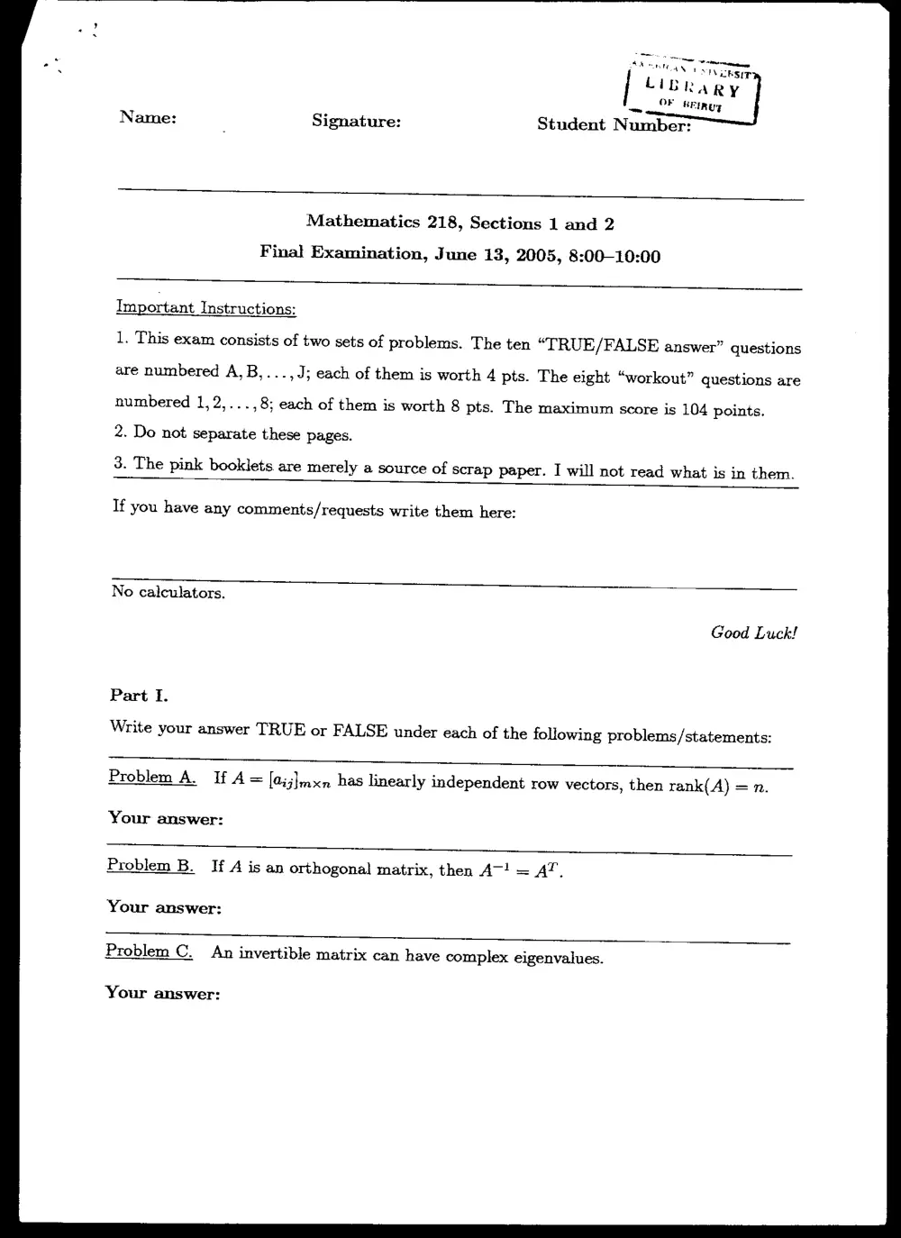 MATH 218 Final, Spring 2005, page 1