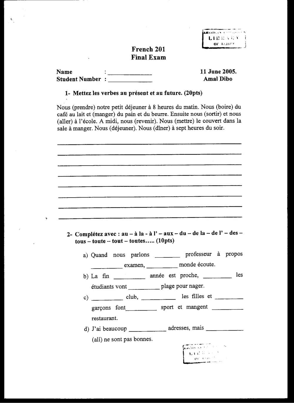 FREN 201 Final, Spring 2005, page 1