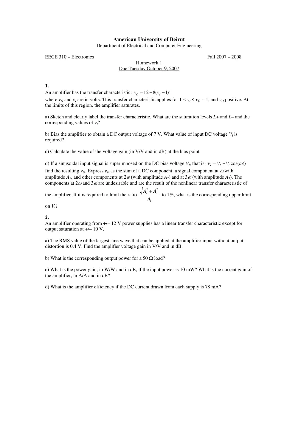 EECE 310 Homework 1 with Solution, Fall 2007, page 1